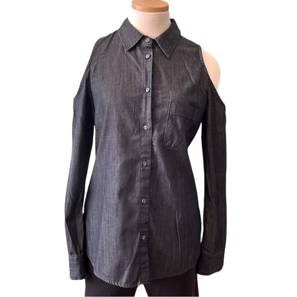 AG Adriano Goldschmied Button Down Cold Shoulder Long Sleeve, Dark Denim, Medium - Picture 3 of 11